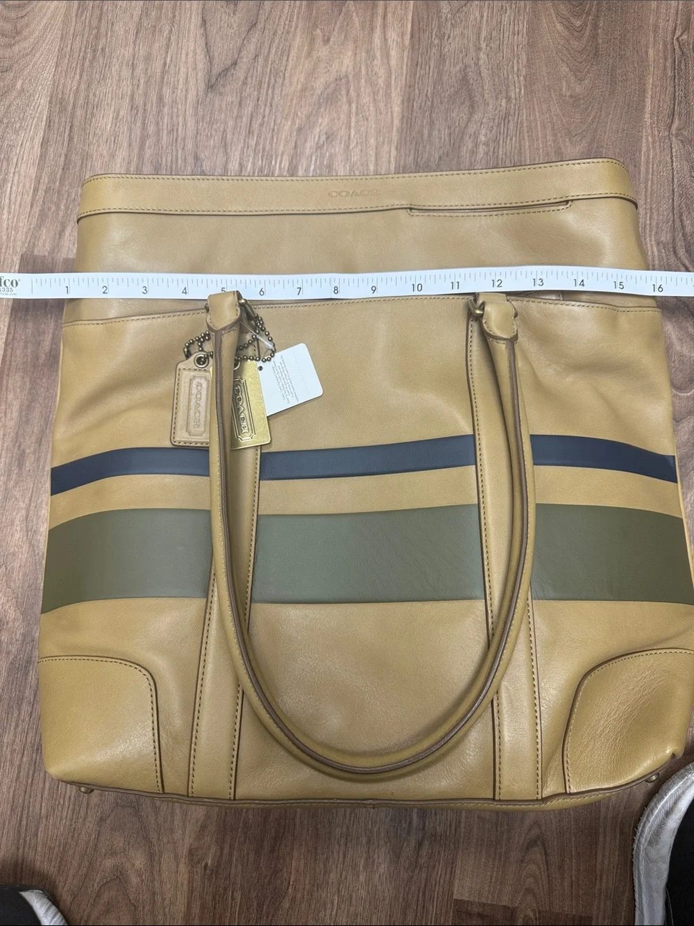 Coach Bleeker Tan Leather XL Striped Tote with Green and Blue Stripes